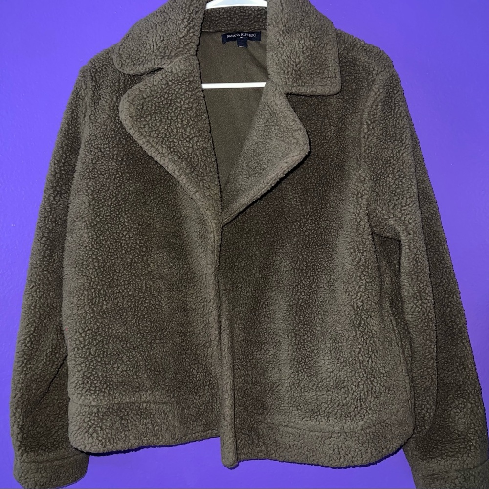 Banana Republic Factory Green Open Front Sherpa Teddy Jacket - Picture 2 of 12